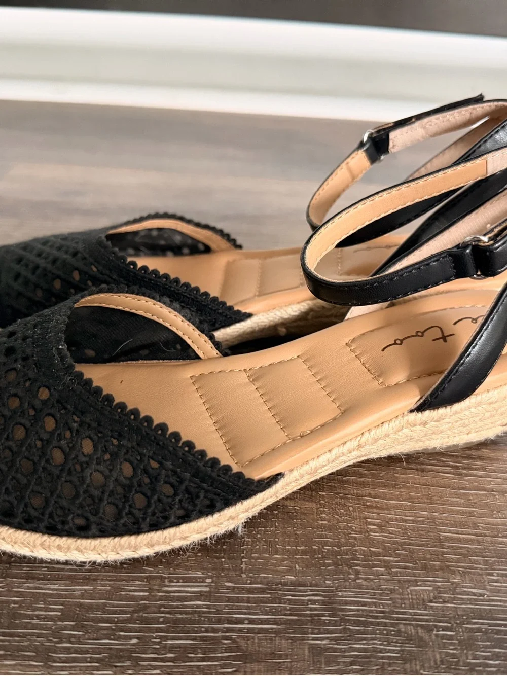 me too Black Crochet Espadrille Ankle-Strap Sandals